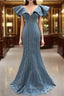 Blue Satin Mermaid V Neck Beading Prom Dress