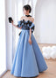 Blue Satin Off Shoulder Black Lace Long Prom Dresses A-Line Blue Prom Dresseses