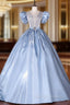 Blue Satin Puff Sleeve Quinceanera Dress