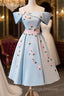 Blue Satin Short Prom Dresses With Flowers Blue Knee Length Homecoming Dresses