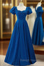 Blue Satin Short Sleeve Pleats Prom Dress