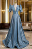 Blue Satin Short Sleeve V Neck Backless Prom Dresses