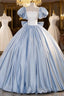 Blue Satin Short Sleeves Long Prom Dresses Blue Satin Sweet 16 Dresses
