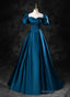 Blue Satin Short Sleeves Sweetheart Long Prom Dresses Blue A-Line Prom Dresseses
