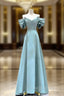 Blue Satin Spaghetti Straps Bow Prom Dresses