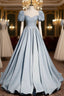 Blue Satin Square Puff Sleeve Pearls Prom Dress