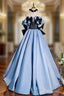 Blue Satin Strapless Bow Prom Dresses
