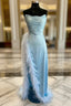 Blue Satin Strapless Pleats Feather Prom Dresses