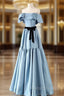 Blue Satin Strapless Prom Dresses With Belt