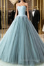 Blue Satin Tulle Strapless Beading Prom Dress