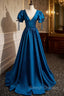 Blue Satin V Neck Short Sleeve Pleats Prom Dress