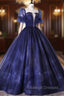 Blue Scoop Neckline Tulle Long Prom Dress, A-Line Short Sleeve Evening Gown