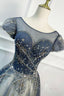Blue Scoop Neckline Tulle Long Prom Dress with Beaded, A Line Prom Prom Dress