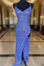 Blue Sequins Criss Cross Back Prom Dresses
