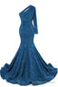 Blue Sequins Mermaid Prom Dresses One Shoulder Prom Dresses Floor Length Wedding Prom Gown
