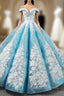 Blue Sequins Off The Shoulder Floor Length Appliques Wedding Dress