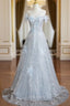 Blue Sequins Off the Shoulder Flower Prom Dresses