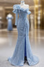 Blue Sequins One Shoulder Beading Prom Dress