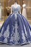 Blue Sequins Spaghetti Straps Appliques Prom Dress