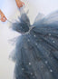 Blue Shiny Tulle Layers Straps Beaded Long Prom Dress, A-Line Chic Evening Dress