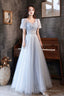 Blue Shiny Tulle Long A-Line Prom Dresses Blue Short Sleeve Prom Dresses