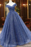 Blue Shiny Tulle Off the Shoulder Prom Dress, Blue V Neck Prom Dress