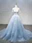 Blue Short Sleeves Lace Applique Organza Tulle Prom Dresses Round Neckline Blue Sweet 16 Gowns Prom Dresses