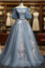 Blue Short Sleeves Long Tulle with Flower Applique Prom Dress, Blue Sweet 16 Dress