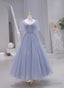 Blue Short Sleeves Tulle Long Sweetheart Prom Dress, A Line Blue Prom Dress
