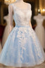 Blue Simple Tulle Homecoming Dresses Lace Applique Baby Blue Sash Backless A Line Knee Length Prom Dresses