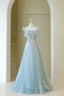 Blue Spaghetti Strap Lace Long Prom Dresses Cute A Line Graduation Dresses