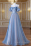 Blue Spaghetti Strap Tulle Long Prom Dresses A Line Prom Dresses