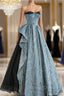 Blue Strapless Black Tulle Prom Dress