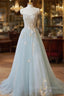 Blue Strapless Lace Formal Prom Dress, A Line Tulle Prom Prom Dress