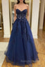 Blue Strapless Lace Long Prom Dress, A Line Prom Dress