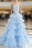 Blue Strapless Tulle Layers Long Prom Dress, A Line Prom Dress