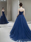 Blue Strapless Tulle Long Prom Dress, Beautiful A-Line Evening Party Dress