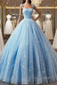 Blue Straps Tulle Floral Long Prom Dress, Blue Formal Dress Prom Dress