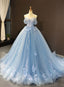 Blue Sweetheart Ball Gowns Flowers Sweet 16 Dresses Blue Off Shoulder Wedding Prom Dresses