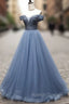 Blue Sweetheart Neck Tulle Beads Off Shoulder Long Prom Dress