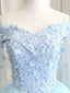 Blue Sweetheart Neck Tulle Lace Long Prom Dress, Blue Prom Dress