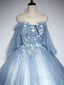 Blue Sweetheart Neck Tulle Lace Long Prom Dress, Blue Prom Dress