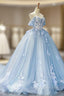 Blue Sweetheart Off Shoulder with Lace Applique Prom Dress, Blue Sweet 16 Dress