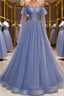 Blue sweetheart tulle sequin long prom dress blue formal dress