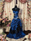 Blue Taffeta With Lace Strapless Long Prom Dresses Blue Taffeta Sweetheart Prom Dresses