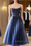 Blue Tea Length Tulle Prom Dress, Blue Tulle Bridesmaid Dress