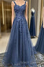 Blue Tulle Applique Long Evening Dress Formal Prom Dress