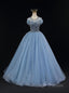 Blue Tulle Backless Beading Bow Prom Dresses