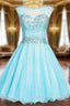 Blue Tulle Backless Beading Crystal Short Homecoming Party Dress