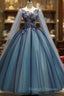Blue Tulle Ball Gown Long Sweet 16 Dresses With Lace Applique Prom Dresses